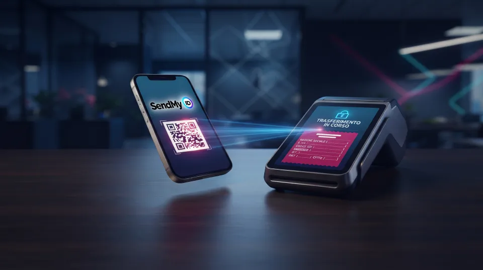 Smartphone con cassaforte digitale SendMyID che condivide i dati fiscali tramite QR code su un terminale di cassa
